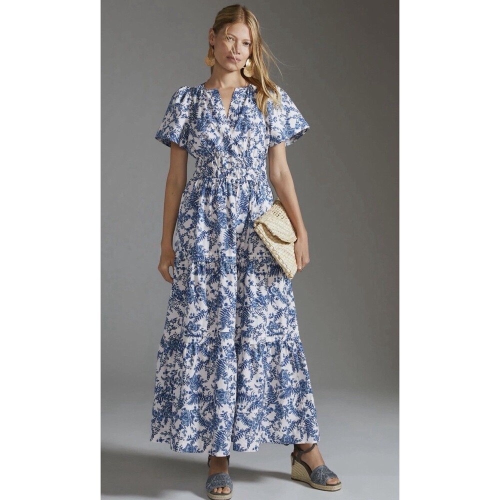 Anthropologie Somerset Tiered Maxi Dress Sz S Floral Blue Chinoiserie Vines NEW